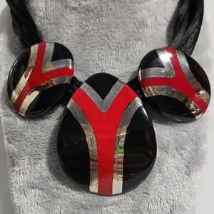 Signed PAT.P Elegant Black, Red and Silver Statement Necklace With Silvertone